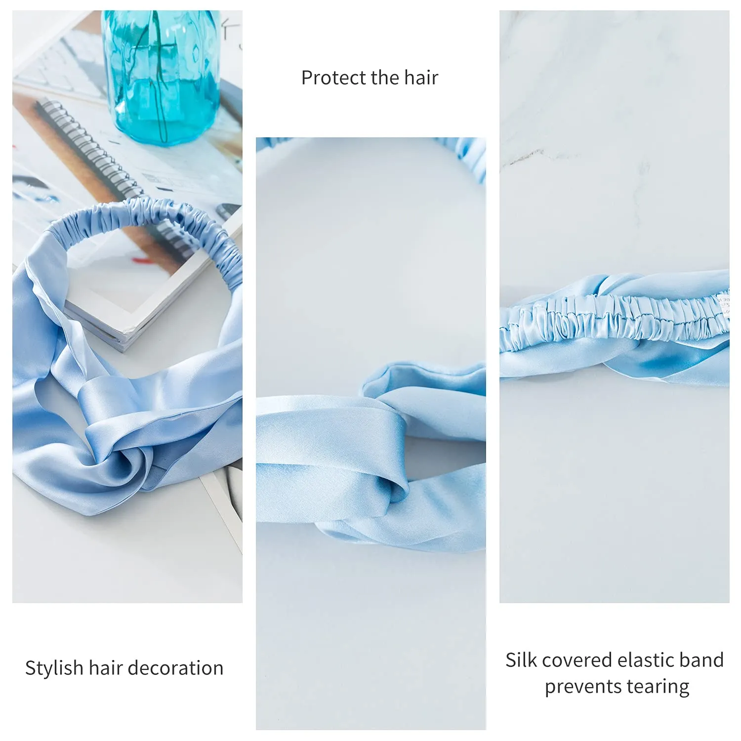 ZIMASILK 100% Mulberry Silk Headband Elastic Twisted Head Hair Wrap Accessory Turban For Women(Light Blue)