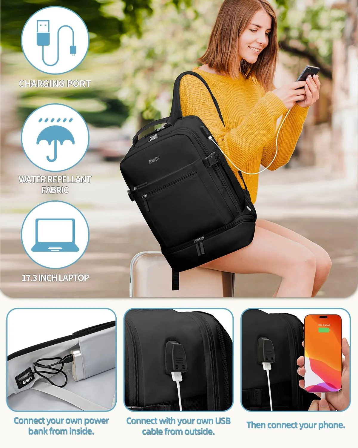 ZOMFELT Carry on Backpack for Women with Shoes Compartment, Flight Approved Travel Backpack with USB Charging Port, TSA 17.3inch Waterproof Laptop Bag Large Casual School Daypack for Weekender