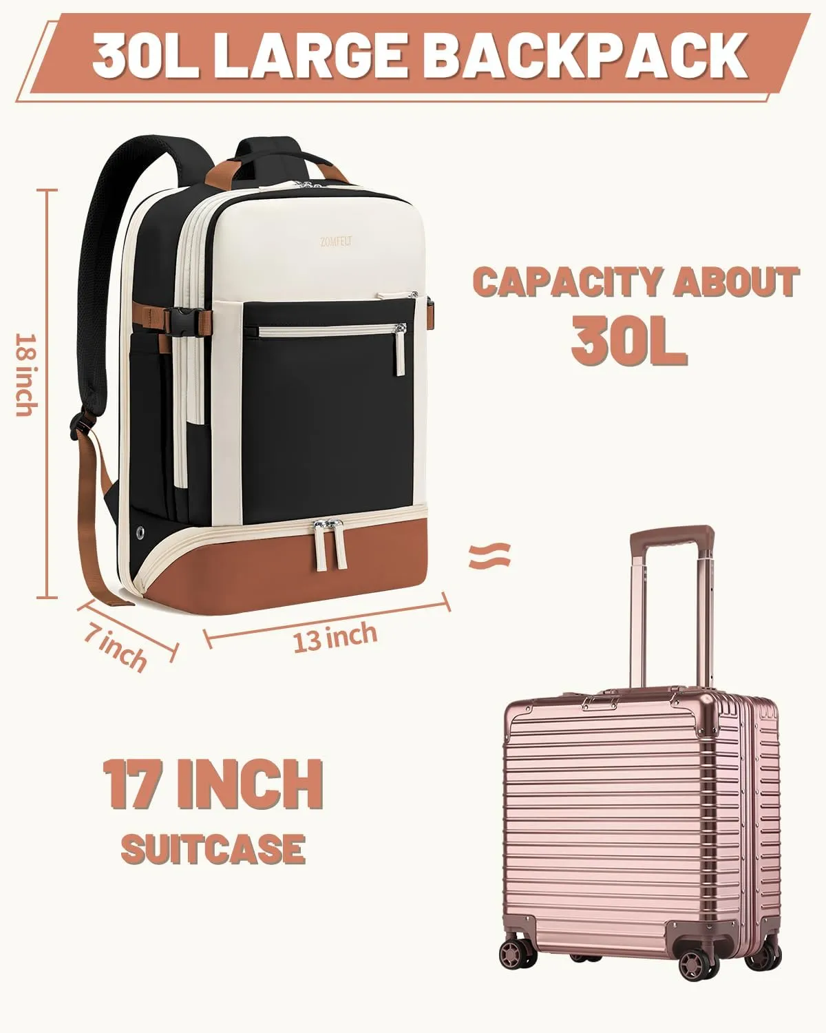 ZOMFELT Travel Backpack for Women, Carry on Backpack with Shoes Compartment, Flight Approved Personal Item Bag with 17.3inch Laptop Pocket, Large Casual School Daypack for College, Hiking, Overnight