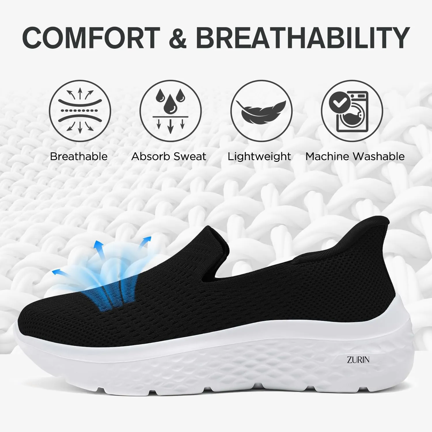 ZURIN Womens Slip On Walking Shoes with Arch Support,Lightweight No Lace Sneakers,Non Slip Breathable Tennis Shoes