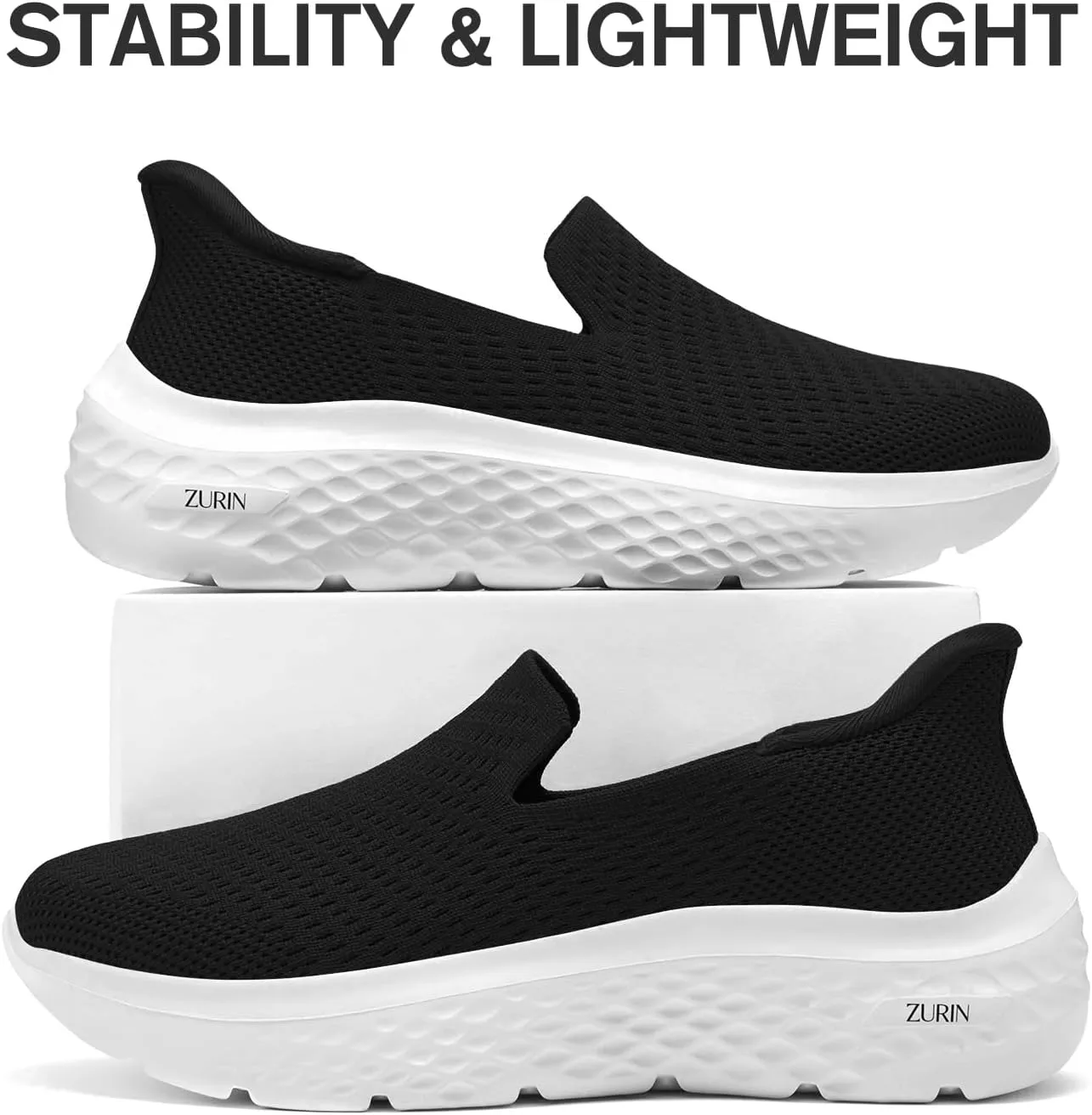 ZURIN Womens Slip On Walking Shoes with Arch Support,Lightweight No Lace Sneakers,Non Slip Breathable Tennis Shoes