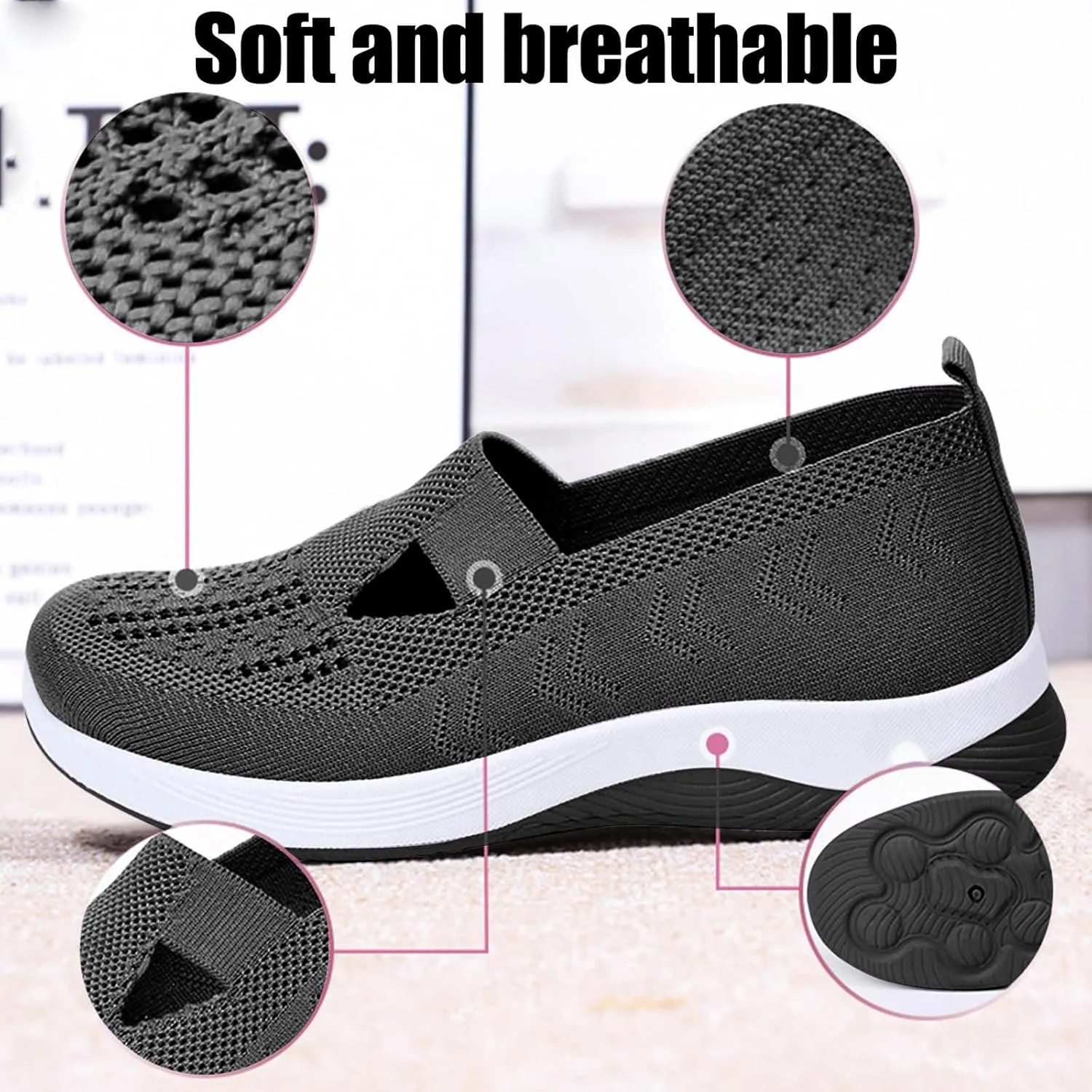 ZWRXW Orthopedic Flats for Women Lightweight Comfortable Arch Support Sneaker Breathable Knitted Soft Non-Slip Mesh Up Footwear Woven Work Walking Shoe