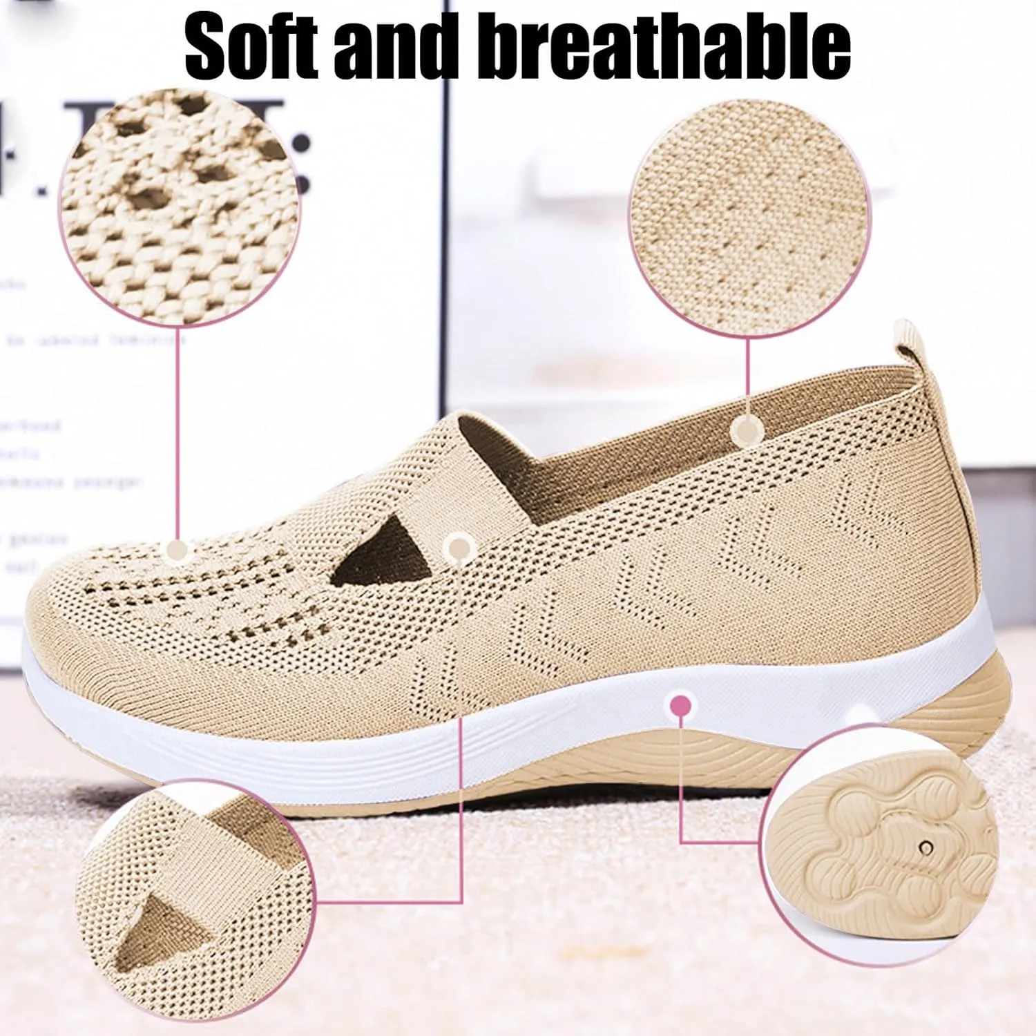 ZWRXW Orthopedic Flats for Women Lightweight Comfortable Arch Support Sneaker Breathable Knitted Soft Non-Slip Mesh Up Footwear Woven Work Walking Shoe
