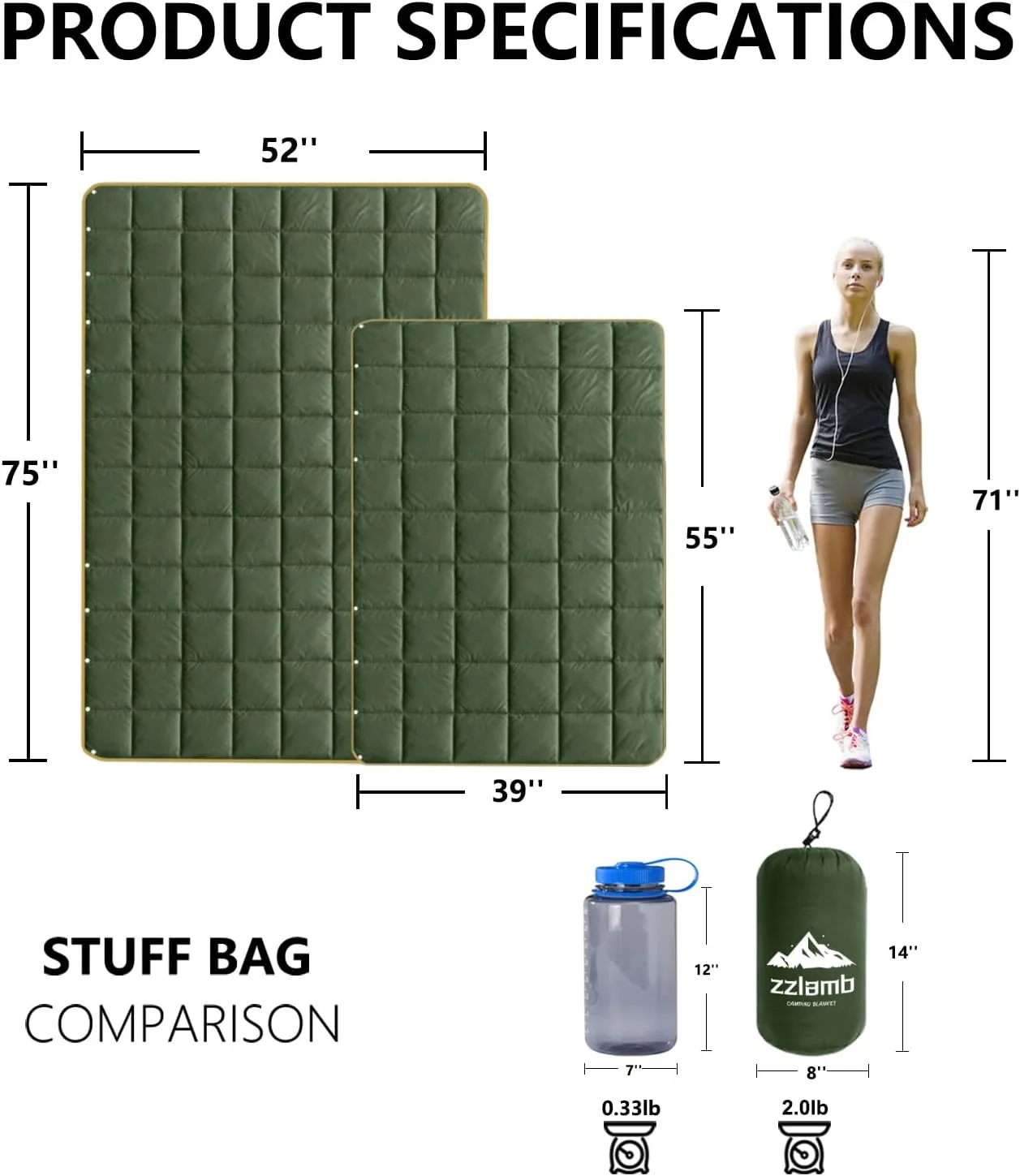 zzlamb Camping Blanket, Compact Lightweight Soft Puffy Blanket Water-Repellent, Packable Warm Quilt Down Alternative Picnic Hiking Backpacking Beach Travel RV Airplane Couch Car